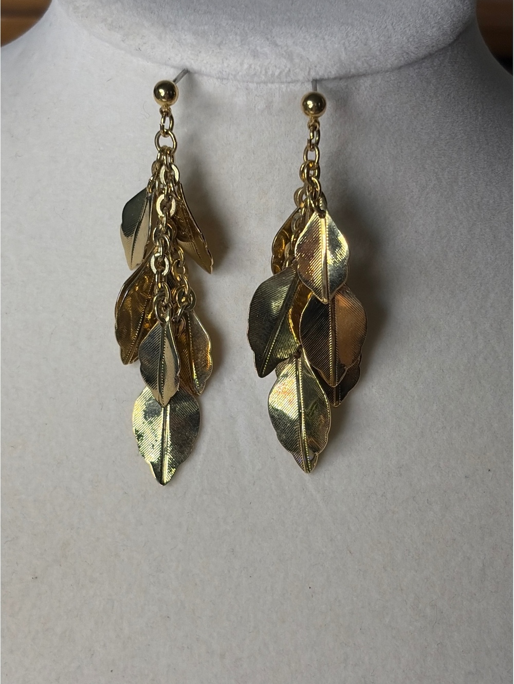 Gold Tone Three Tone Leaf Dangle Earrings